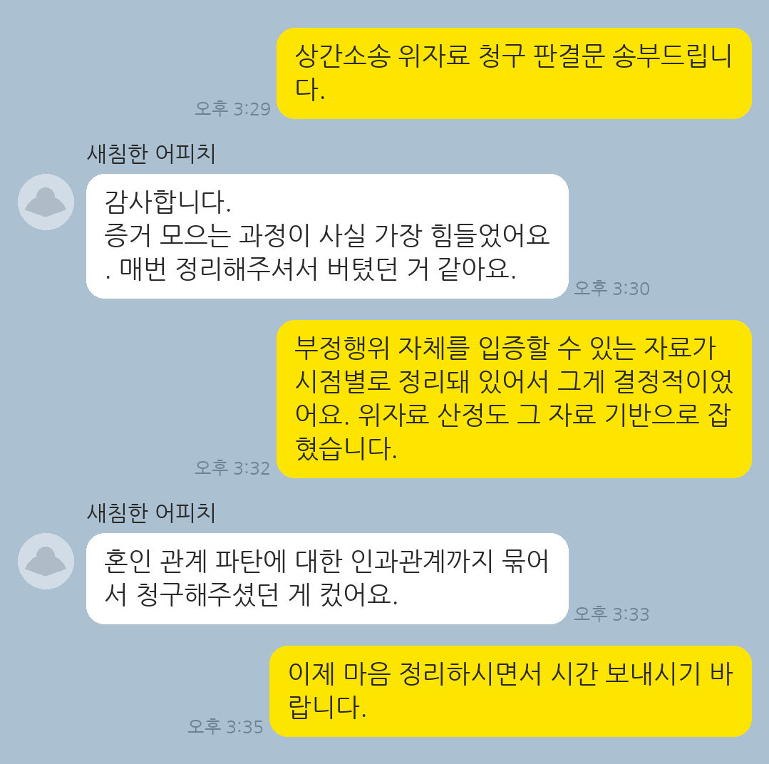 배우자의 부정행위 상대방을 대상으로 한 상간소송에서 위자료를 인용받은 의뢰인