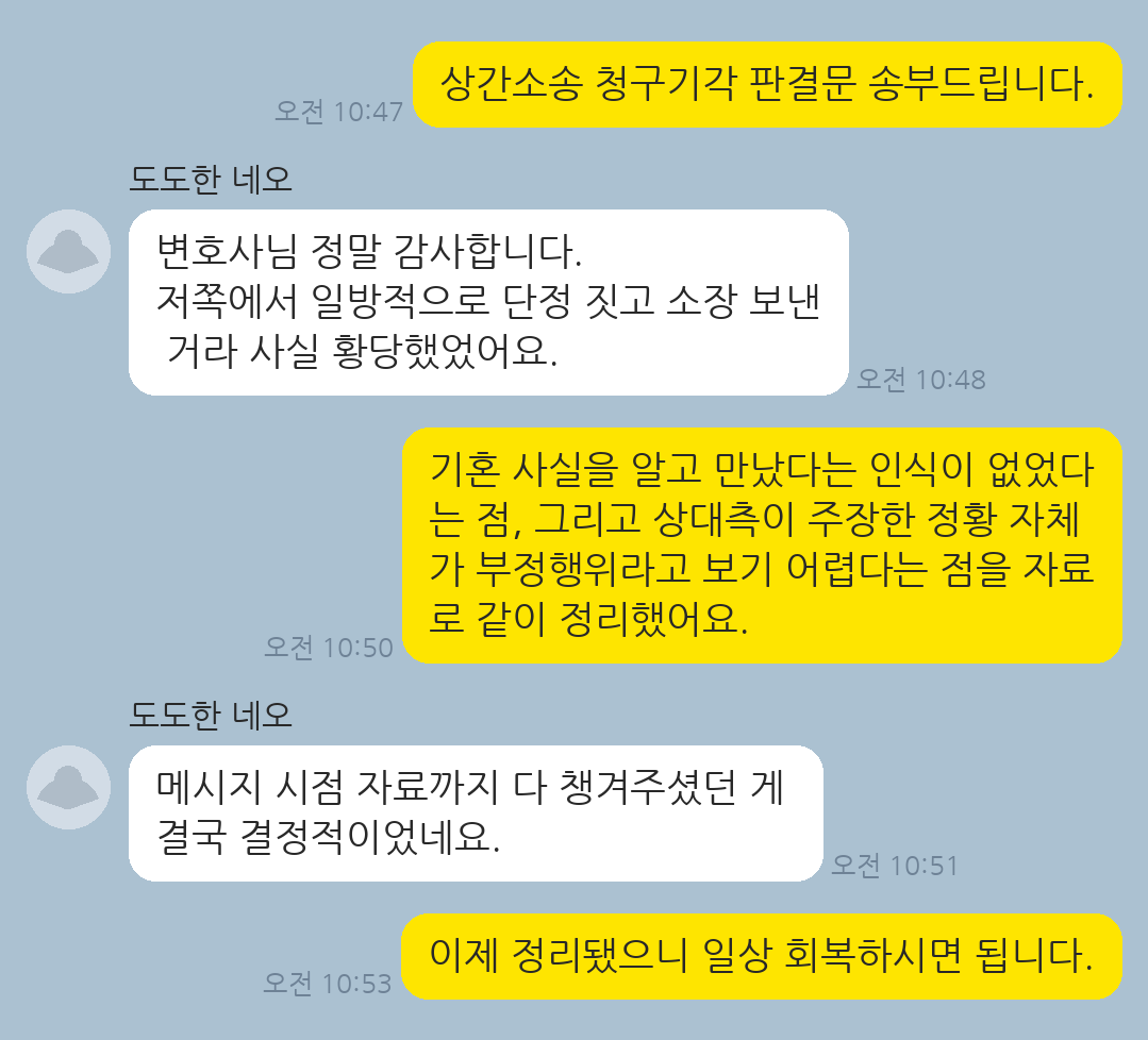 부정행위 상대방으로 지목되어 제기된 상간소송을 방어해 청구기각을 받아낸 의뢰인